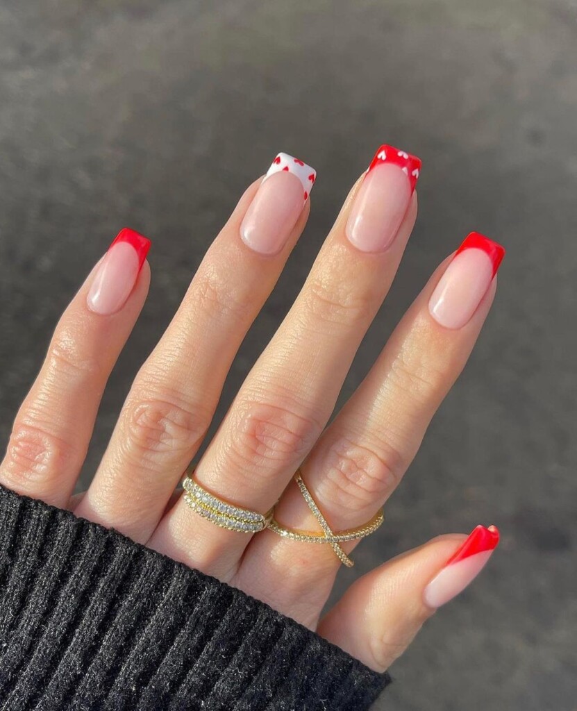 10 Valentine's Day Nail Ideas that inspire you mixture of tips with red, whites and hearts