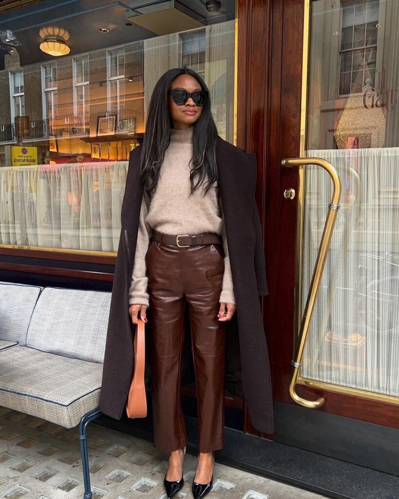 Influencers outfits round up - fashion inspo of the week very chic look brown leather trousers and patent heels 