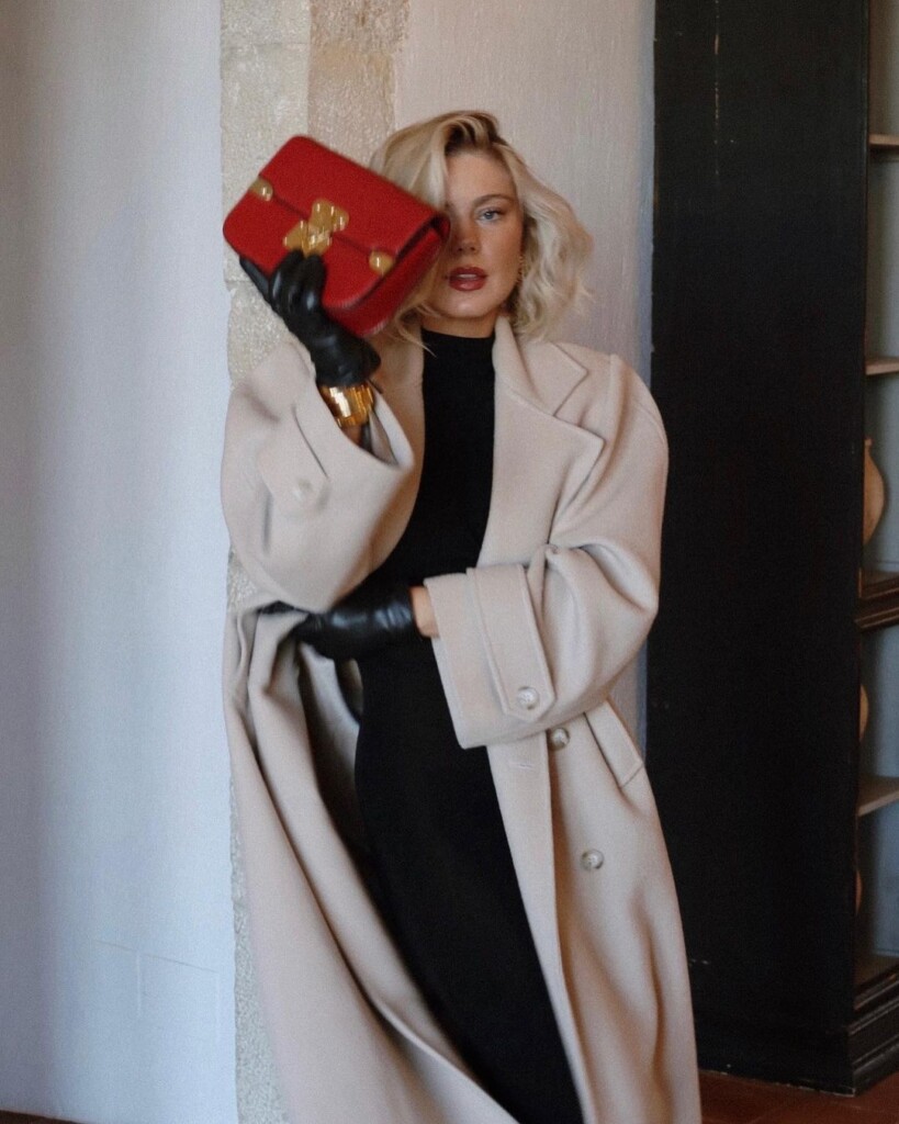 BEST INFLUENCER OUTFITS ROUND UP - WINTER LOOKS influencer Laura Jade Stone wearing chic outfit with red bag 