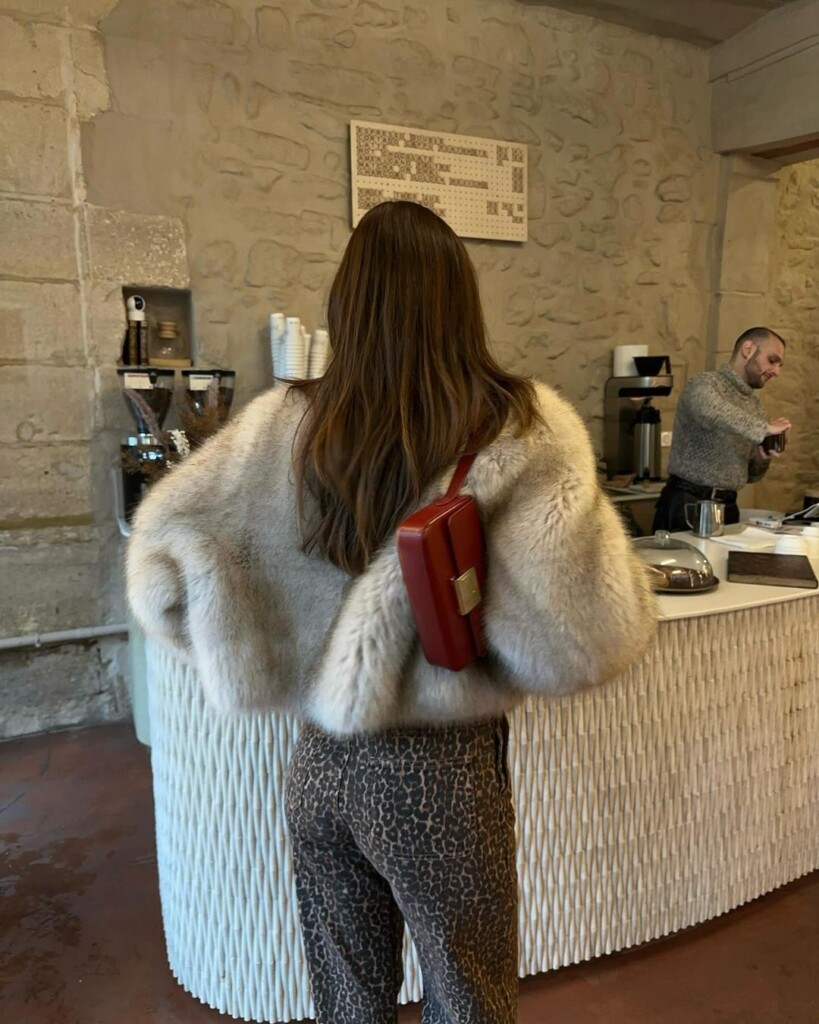 Influencers outfits round up - fashion inspo of the week cute faux fur coat with red bag and leopard trousers