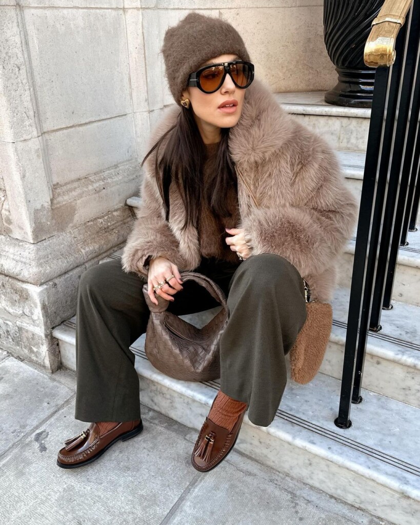 Influencers outfits round up - fashion inspo of the week - faux fur coat and brown tones outfit