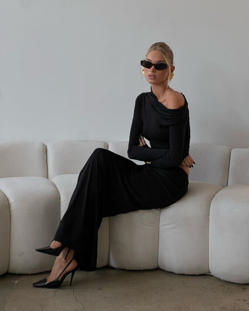 5 Sunglasses trends for 2024 Elsa hosk wearing black angular sunglasses 