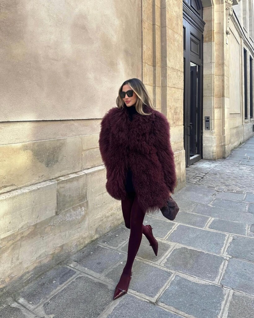 Best Cherry Red & Burgundy Items to shop Lima Che in full burgundy outfit