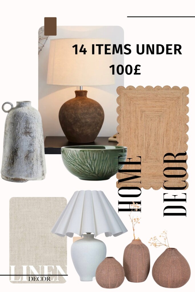 Under 100 £ Home decor trends 2024 - selection of textured items like jute rug, lamps or textured bowls and vases