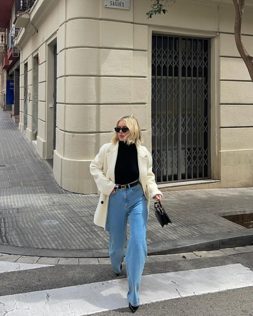 7 Casual Outfits to wear this week Laura jade stone wearing jeans, polo neck and cream jacket outfit