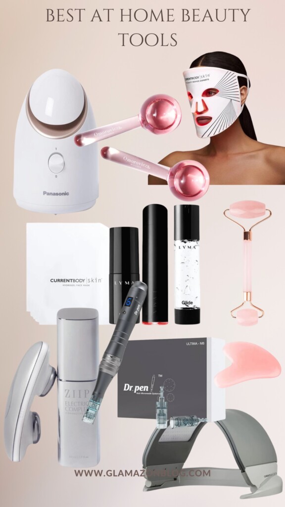 Must have at home beauty tools-selection of tools including currentbody led mask, steamer and gua sha 
