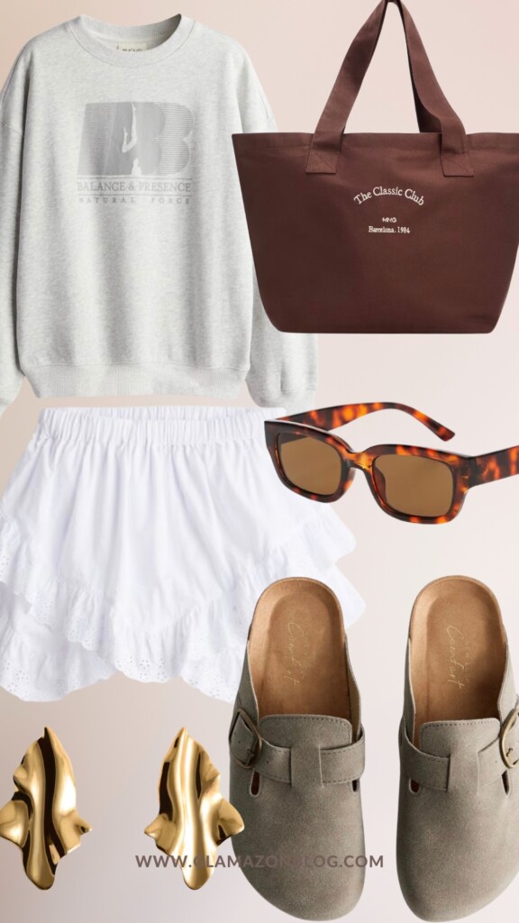 3 spring summer looks under 150 £ easy summer look with flats, gold earrings, sweatshirt and white mini skirt 
