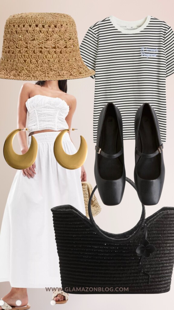 3 spring summer looks under 150 £ summer look - ballet flats, black basket bag, straw hat, white maxi and striped top 