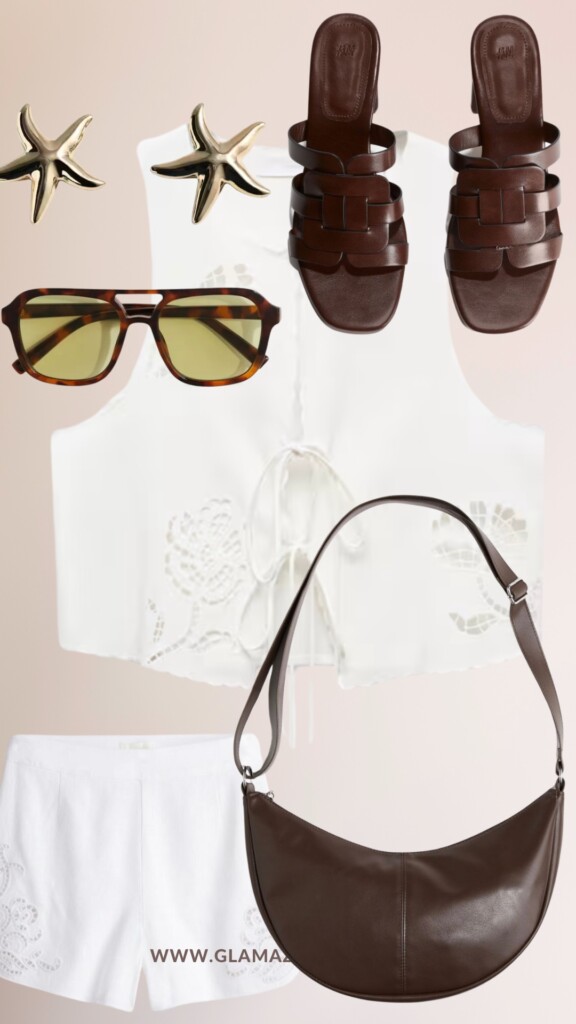 3 spring summer looks under 150 £ very summer look with white shorts and top and brown accessories