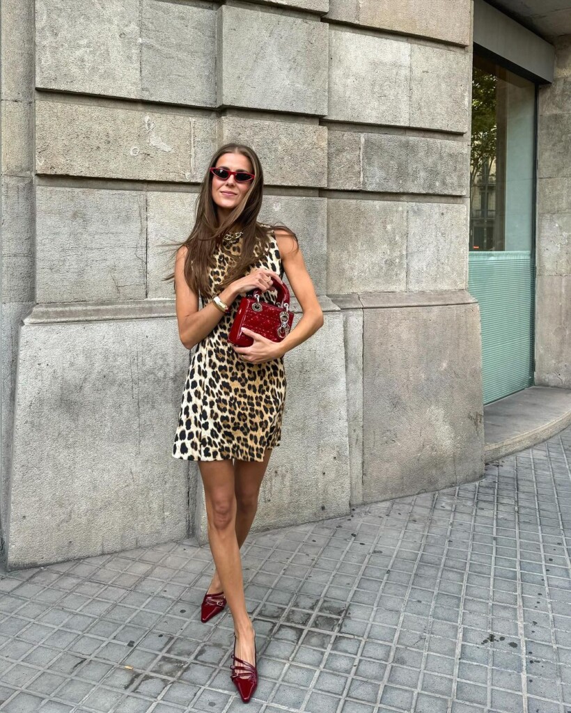 leopard mini dress with cherry dior bag and cherry heels 