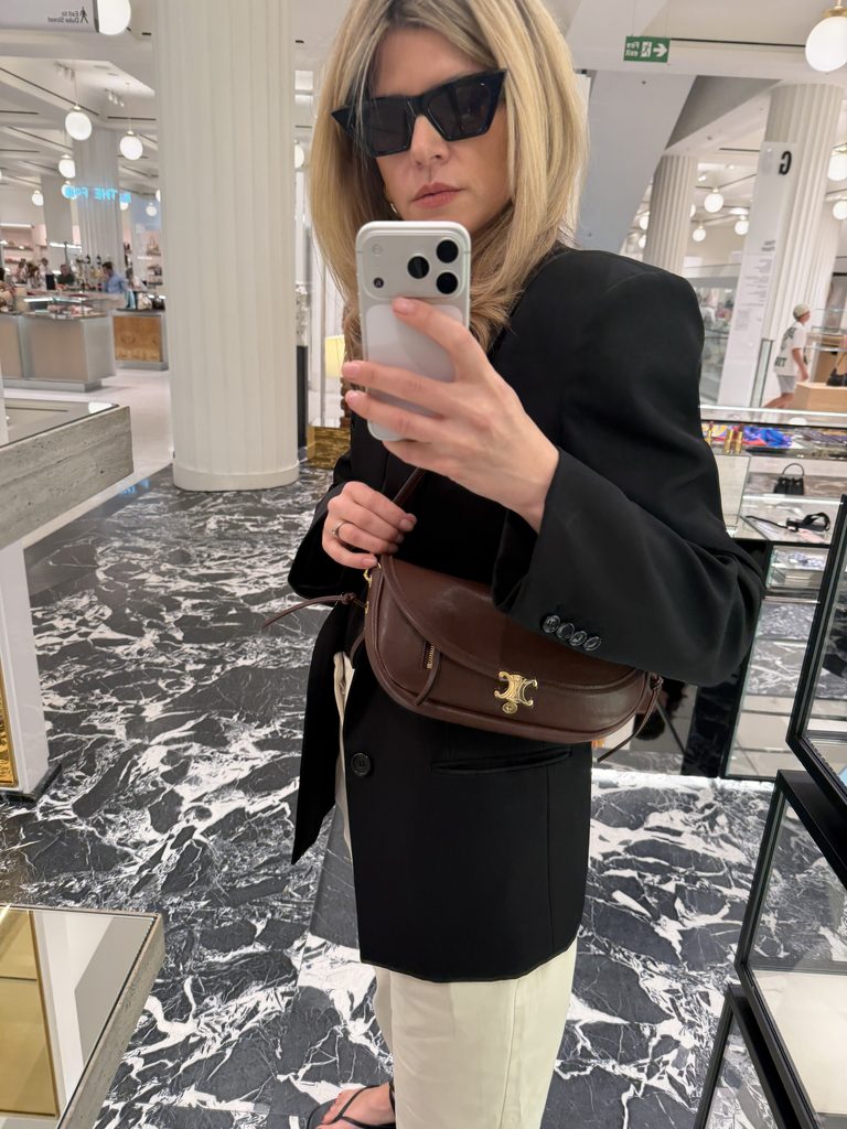 Eva McMahon wearing a Frankie Shop blazer with celine half moon bag in burgundy elegant autumn outfit idea for women over 40