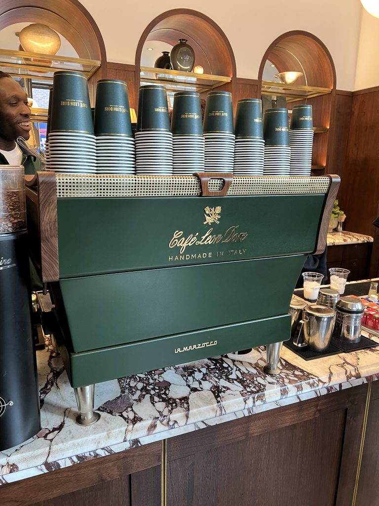 chic coffee shops in London Cafe Lon Dore cups and coffee machine in London