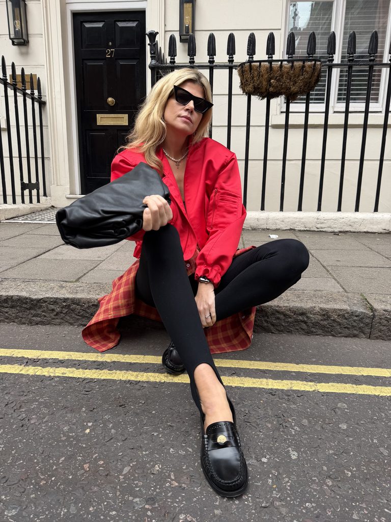 red autumn outfits Eva McMahon in checked shirt and Meji red jacket 