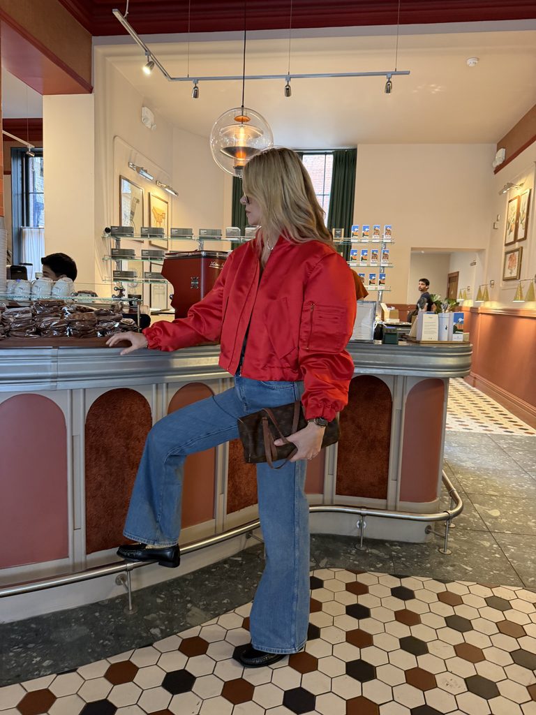 red autumn outfits Eva McMahon wearing red Meji bomber 