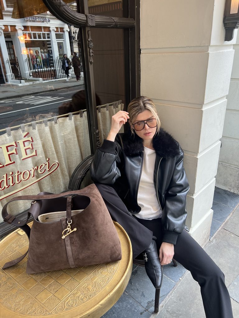 Strathberry bags review. Eva McMahon wearing Kite Hobo large in suede. 